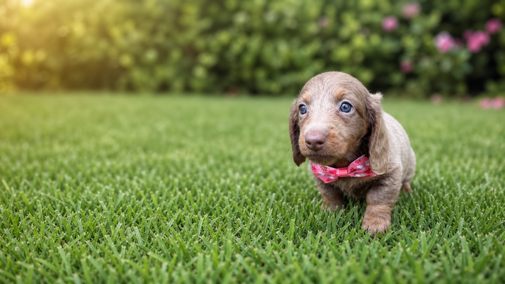Isabella dachshund puppy with a pink bow on a clean lawn